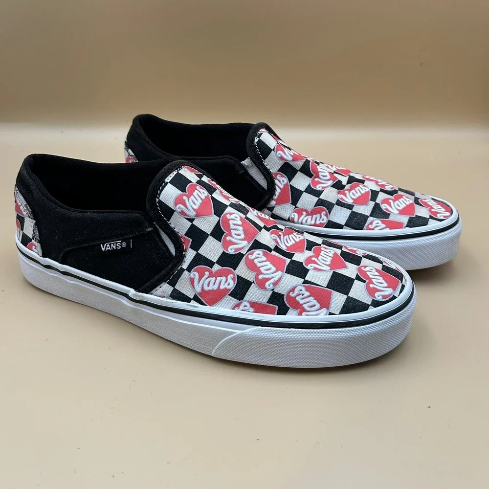 Vans Slip-On Checkerboard Heart Print Sneakers - Black/Red